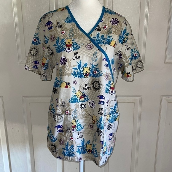 Disney Winnie The Pooh And Eeyore Chibi “Be Happy” Scrub Top - Picture 1 of 6